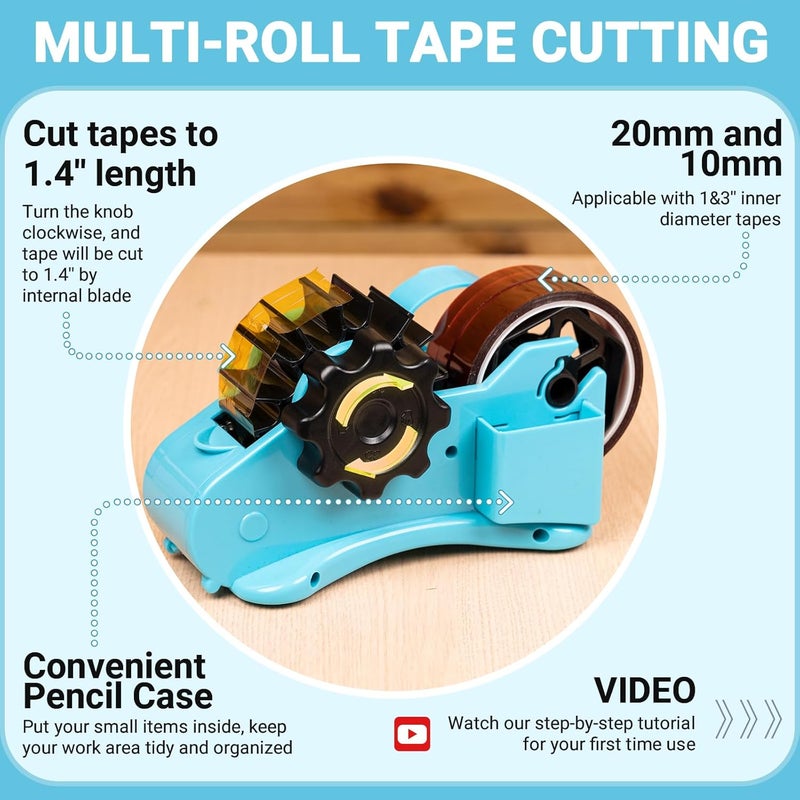 ThinkLearn Heat Tape Dispenser - Sublimation Heat Transfer Tape Dispenser with Scissors and Utility Knife, 1 '' & 3'' Core, Multi-Roll Pre-Cut Tape Dispenser for Crafting, PreCut 1.4'' Pieces, Blue - Image 2